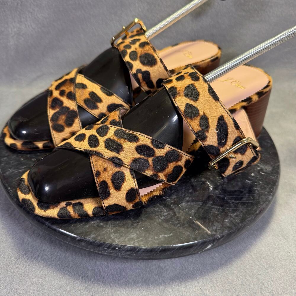 J. Crew Leopard Print Leather Block Heel Sandals - Black Accents